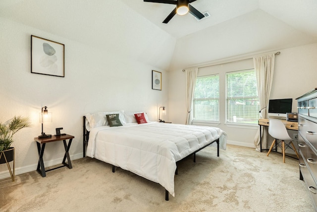 203 Poppy St, Lake Jackson, TX 77566 - bedroom featuring light carpet, an office area, vaulted ceiling, and a ceiling fan