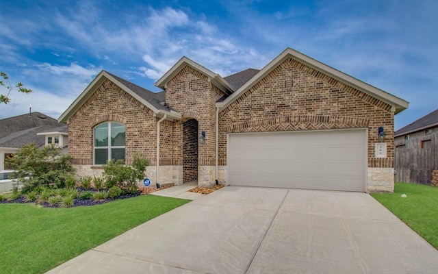 309 Pleasant Hill Way, Conroe, TX 77304 - view of front facade featuring stone siding, brick siding, a garage, and a front lawn