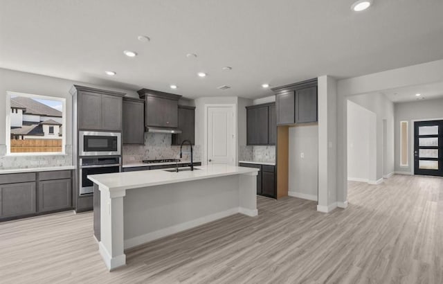7827 Albury Mnr, Richmond, TX 77407 - kitchen featuring appliances with stainless steel finishes, backsplash, light countertops, recessed lighting, and light wood-type flooring