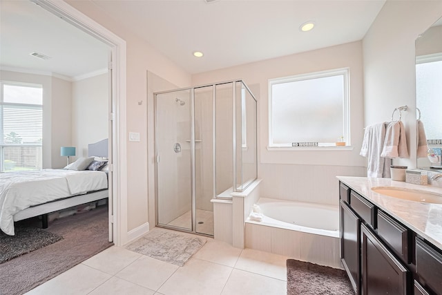 25603 Kearsley Dr, Katy, TX 77494 - bathroom with a stall shower, a garden tub, vanity, tile patterned flooring, and connected bathroom