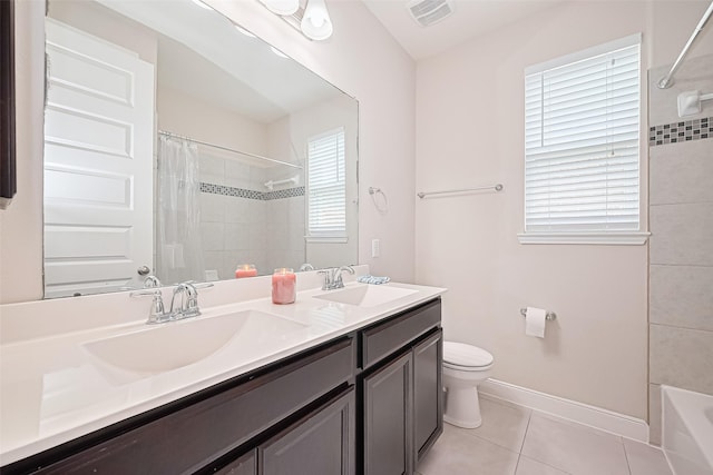 25603 Kearsley Dr, Katy, TX 77494 - bathroom featuring double vanity, tile patterned flooring, healthy amount of natural light, and shower / bathtub combination with curtain