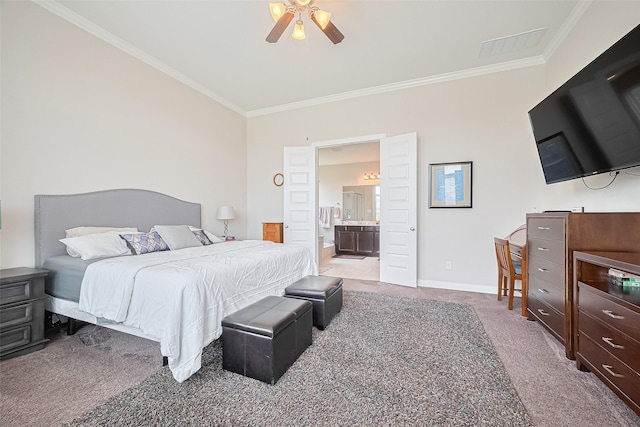 25603 Kearsley Dr, Katy, TX 77494 - bedroom featuring carpet flooring, ornamental molding, connected bathroom, and a ceiling fan