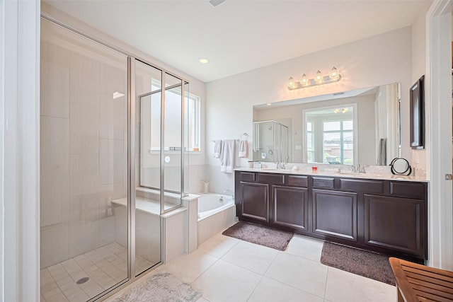 25603 Kearsley Dr, Katy, TX 77494 - full bathroom with a shower stall, a bath, double vanity, and tile patterned floors