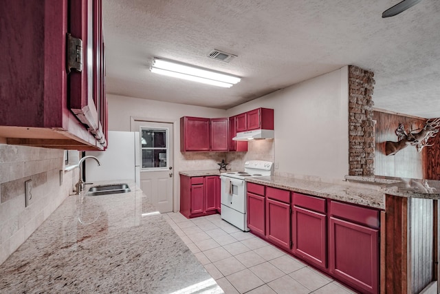 521 Northwood Dr, Point Blank, TX 77364 - kitchen featuring white range with electric stovetop, under cabinet range hood, a textured ceiling, reddish brown cabinets, and decorative backsplash