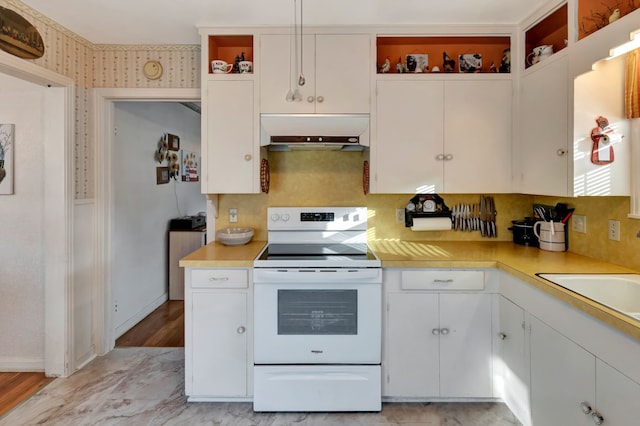 820 Meadow Ln, Wharton, TX 77488 - kitchen featuring electric stove, open shelves, ventilation hood, light countertops, and white cabinetry