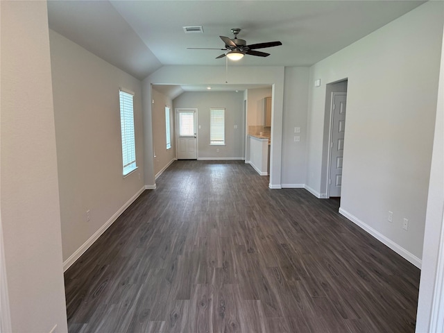 13305 Burbot Dr, Conroe, TX 77384 - unfurnished living room with ceiling fan, dark wood finished floors, and lofted ceiling