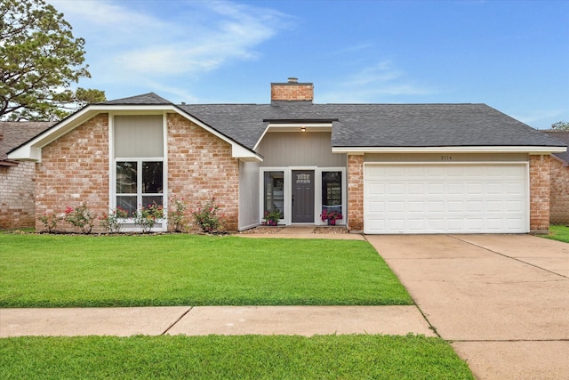 3114 Wagon Trail Dr, Sugar Land, TX 77479 - mid-century modern home with roof with shingles, an attached garage, a chimney, and brick siding