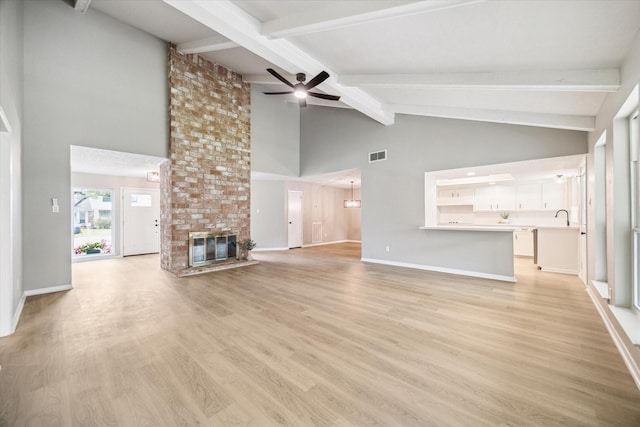 3114 Wagon Trail Dr, Sugar Land, TX 77479 - unfurnished living room with a ceiling fan, high vaulted ceiling, beamed ceiling, light wood finished floors, and a fireplace