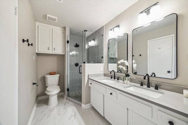 3114 Wagon Trail Dr, Sugar Land, TX 77479 - full bath with double vanity, a stall shower, marble look tiles, and a textured ceiling