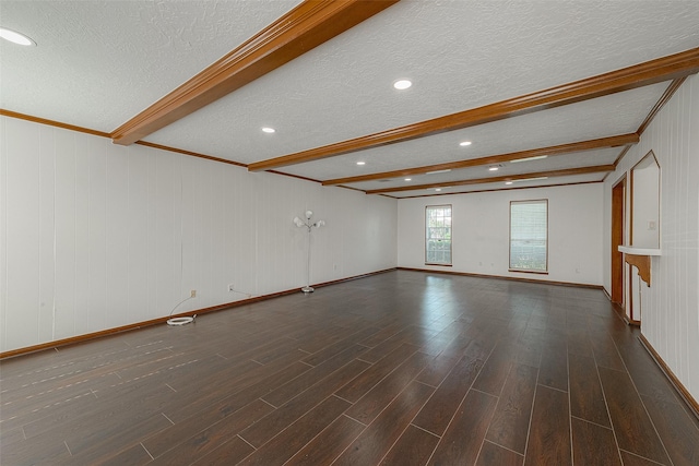 2510 Wind Fall Ln, Sugar Land, TX 77479 - unfurnished room featuring beamed ceiling, a textured ceiling, dark wood-style floors, and recessed lighting