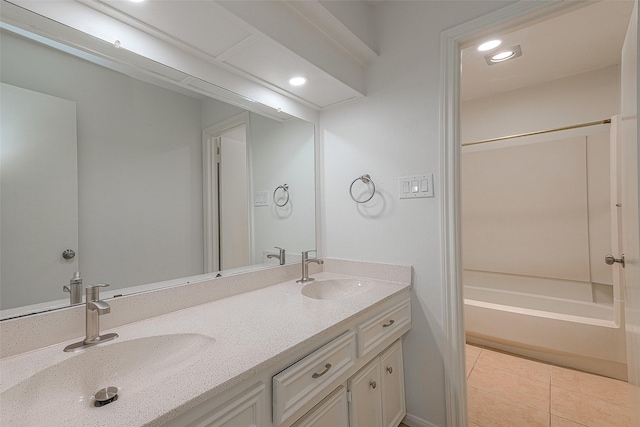 2510 Wind Fall Ln, Sugar Land, TX 77479 - full bathroom with double vanity, shower / tub combination, tile patterned flooring, and recessed lighting