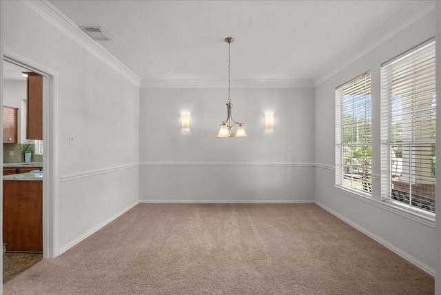 1427 Roaring Springs Ln, Seabrook, TX 77586 - unfurnished dining area with carpet, a chandelier, and ornamental molding
