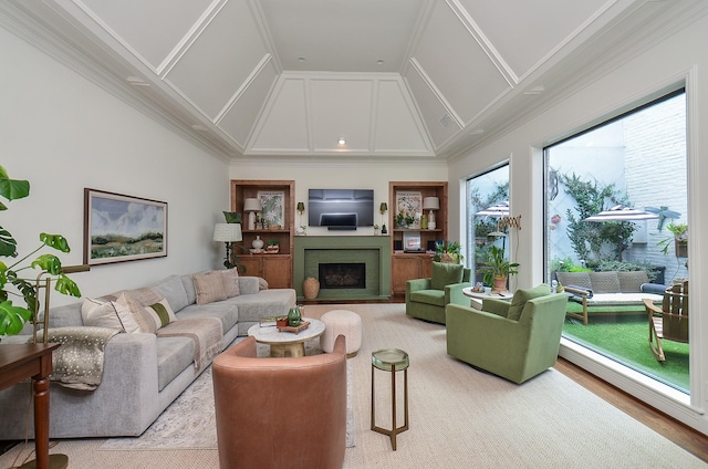 987 S Post Oak Ln, Houston, TX 77056 - living area featuring a fireplace with flush hearth and ornamental molding