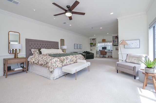 987 S Post Oak Ln, Houston, TX 77056 - bedroom with light carpet, ornamental molding, and recessed lighting