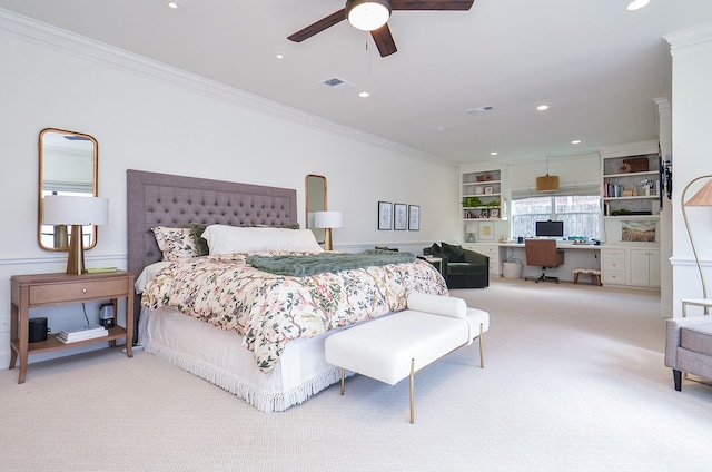 987 S Post Oak Ln, Houston, TX 77056 - carpeted bedroom with crown molding, a desk, recessed lighting, and ceiling fan