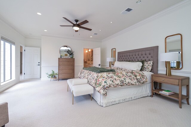 987 S Post Oak Ln, Houston, TX 77056 - bedroom featuring carpet flooring, crown molding, recessed lighting, ceiling fan, and ensuite bathroom