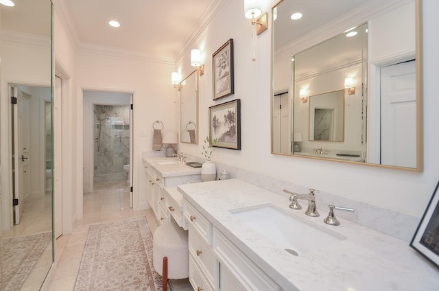 987 S Post Oak Ln, Houston, TX 77056 - bathroom with two vanities, ornamental molding, a walk in shower, recessed lighting, and tile patterned flooring