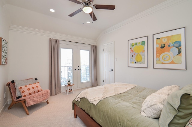987 S Post Oak Ln, Houston, TX 77056 - bedroom featuring ornamental molding, carpet floors, access to exterior, vaulted ceiling, and french doors