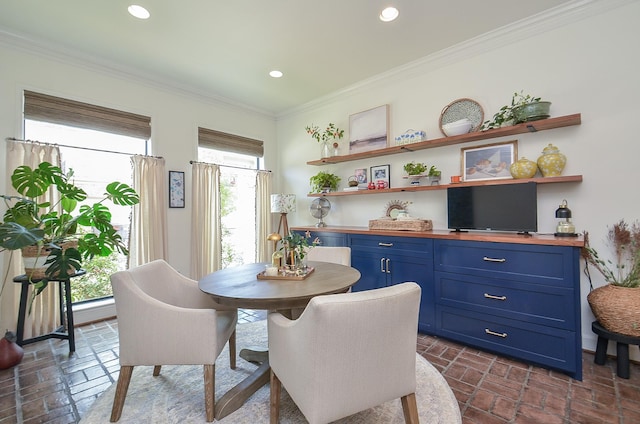 987 S Post Oak Ln, Houston, TX 77056 - dining room featuring ornamental molding, recessed lighting, and brick patterned flooring