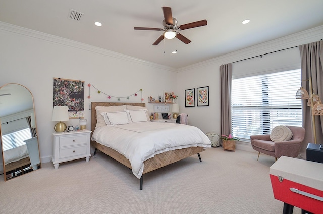 987 S Post Oak Ln, Houston, TX 77056 - bedroom with light colored carpet, crown molding, recessed lighting, and a ceiling fan