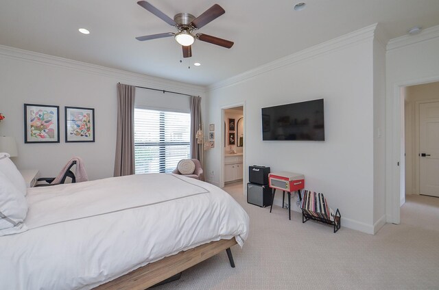 987 S Post Oak Ln, Houston, TX 77056 - bedroom with crown molding, light colored carpet, recessed lighting, ensuite bathroom, and ceiling fan
