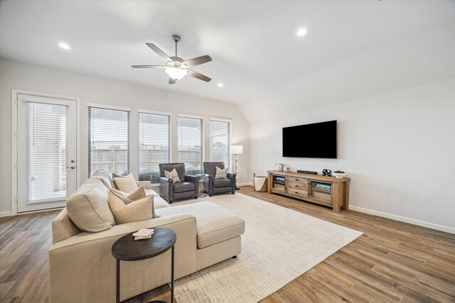 1523 Carson Field Ln, Richmond, TX 77469 - living area with a ceiling fan, wood finished floors, recessed lighting, and vaulted ceiling