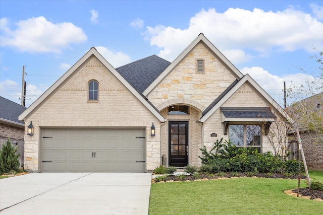 1523 Carson Field Ln, Richmond, TX 77469 - french country home featuring a front lawn, brick siding, roof with shingles, and driveway