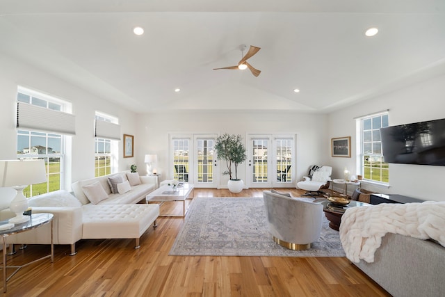 710 93rd St, Galveston, TX 77554 - living area with wood finished floors, a ceiling fan, recessed lighting, and high vaulted ceiling