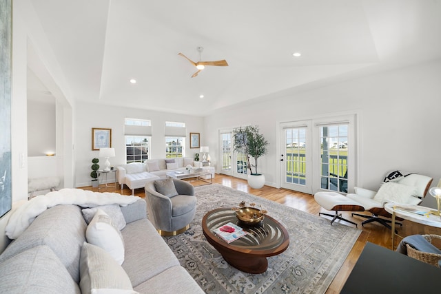 710 93rd St, Galveston, TX 77554 - living room with light wood-style flooring, recessed lighting, lofted ceiling, and a ceiling fan
