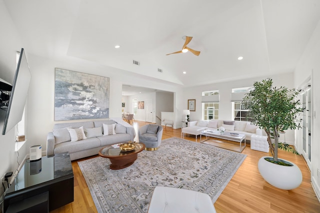 710 93rd St, Galveston, TX 77554 - living area featuring a ceiling fan, light wood-style flooring, recessed lighting, and lofted ceiling