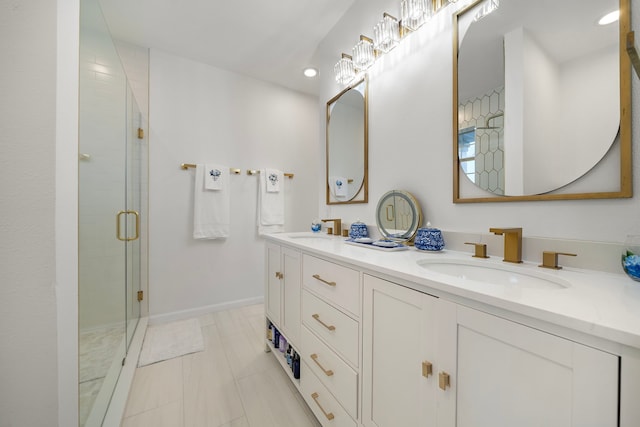 710 93rd St, Galveston, TX 77554 - full bathroom featuring double vanity, a stall shower, recessed lighting, and tile patterned flooring