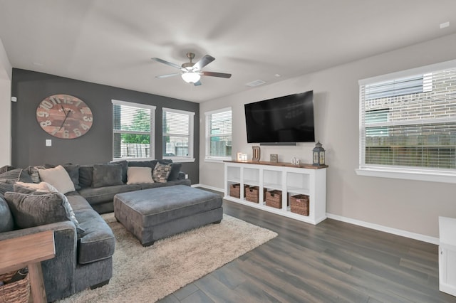 12330 Castano Creek Dr, Humble, TX 77346 - living area featuring a ceiling fan and dark wood-style flooring