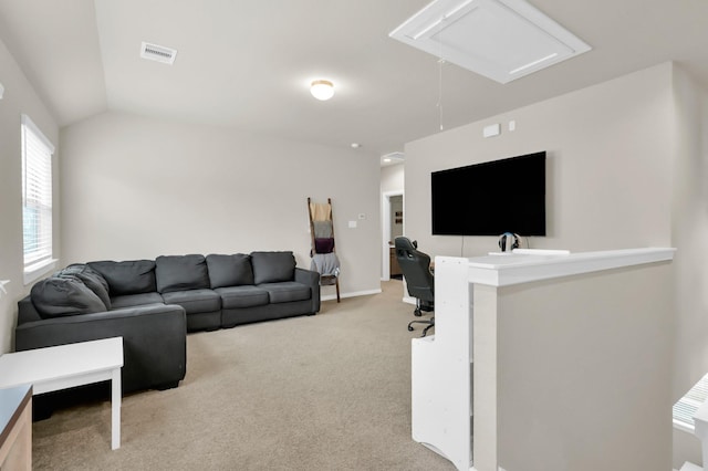 12330 Castano Creek Dr, Humble, TX 77346 - living area with attic access, carpet, lofted ceiling, and a desk