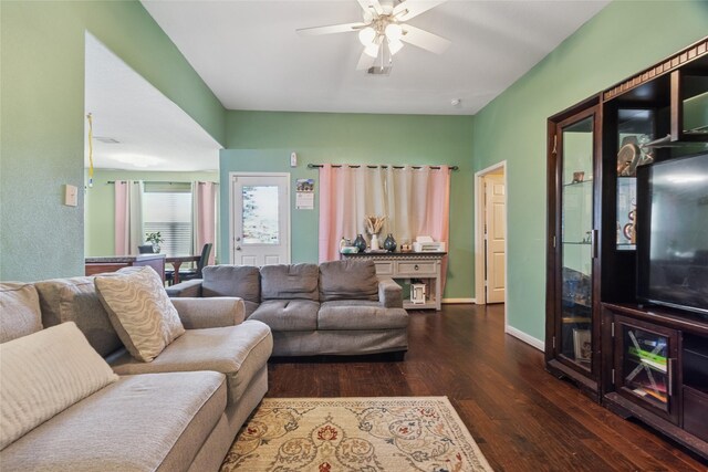 4710 Palm Park Ln, Richmond, TX 77469 - living room featuring dark wood-style flooring and ceiling fan