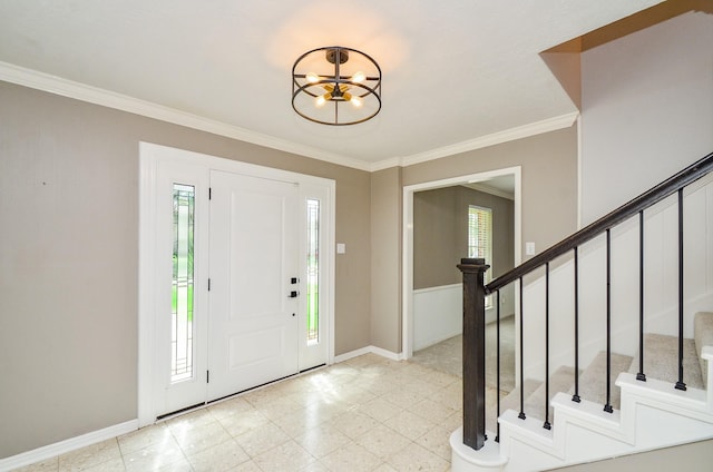 9719 Kindletree Dr, Houston, TX 77040 - foyer featuring a chandelier, ornamental molding, and stairs