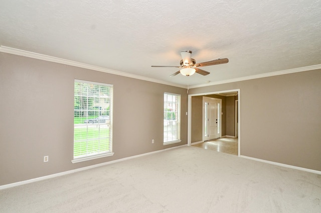 9719 Kindletree Dr, Houston, TX 77040 - spare room with ornamental molding, light carpet, plenty of natural light, ceiling fan, and a textured ceiling