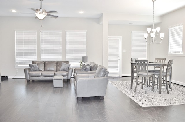9323 Stablewood Lakes Ln, Tomball, TX 77375 - living area featuring a chandelier, dark wood finished floors, a ceiling fan, and recessed lighting