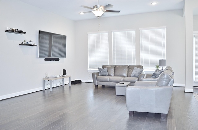 9323 Stablewood Lakes Ln, Tomball, TX 77375 - living area featuring a ceiling fan, dark wood finished floors, and recessed lighting