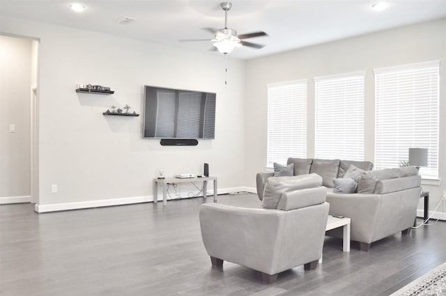 9323 Stablewood Lakes Ln, Tomball, TX 77375 - living room with wood finished floors, ceiling fan, and recessed lighting