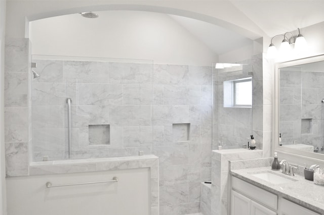 9323 Stablewood Lakes Ln, Tomball, TX 77375 - full bathroom with vanity, walk in shower, and vaulted ceiling
