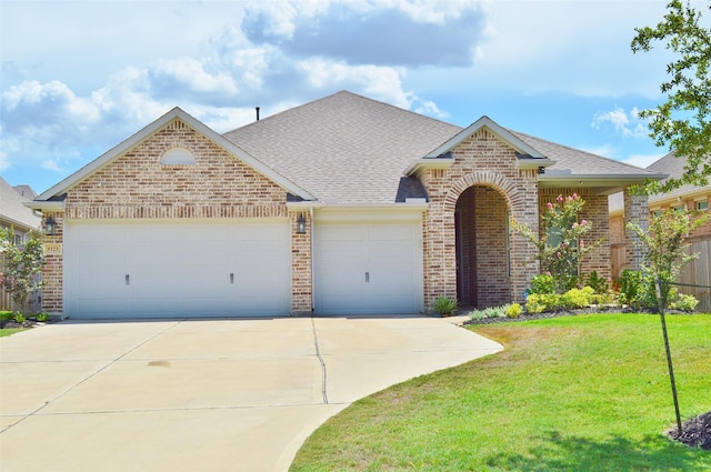 9323 Stablewood Lakes Ln, Tomball, TX 77375 - view of front of house featuring brick siding, an attached garage, a front yard, roof with shingles, and driveway