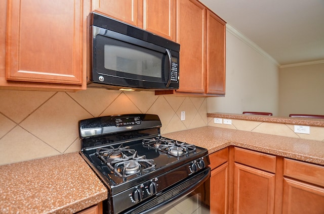 19038 Winding Stream Ln, Houston, TX 77084 - kitchen featuring black appliances, crown molding, tasteful backsplash, and light countertops
