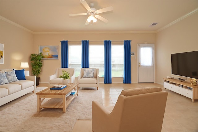 19038 Winding Stream Ln, Houston, TX 77084 - living room featuring light tile patterned floors, ornamental molding, and ceiling fan