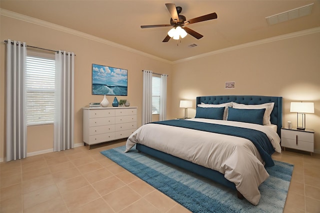 19038 Winding Stream Ln, Houston, TX 77084 - bedroom featuring light tile patterned floors, crown molding, and ceiling fan