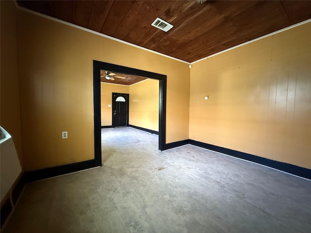 1637 15th St, Port Arthur, TX 77640 - empty room featuring wooden ceiling, ornamental molding, concrete floors, and ceiling fan