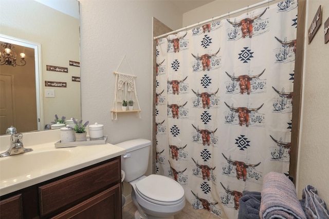 25106 Dickens Dr, Magnolia, TX 77355 - full bath with vanity, a shower with curtain, and a chandelier