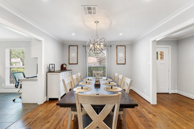 1011 Martin St, Houston, TX 77018 - dining area featuring a chandelier, wood finished floors, recessed lighting, an office area, and crown molding