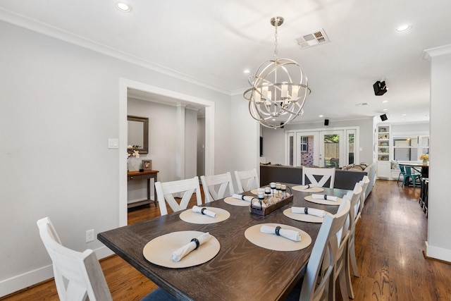 1011 Martin St, Houston, TX 77018 - dining area with french doors, recessed lighting, crown molding, a chandelier, and wood finished floors