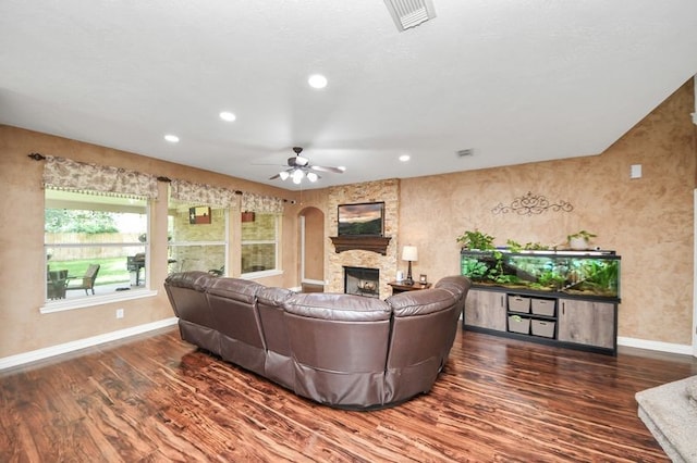 30103 Canyon Branch Ct, Spring, TX 77386 - living area featuring wood finished floors, ceiling fan, recessed lighting, and a stone fireplace