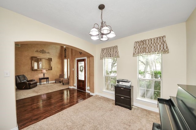 30103 Canyon Branch Ct, Spring, TX 77386 - carpeted foyer entrance with arched walkways, a chandelier, and wood finished floors